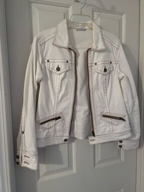 CAbi White Jean Jacket with Brown Contrast Stitching